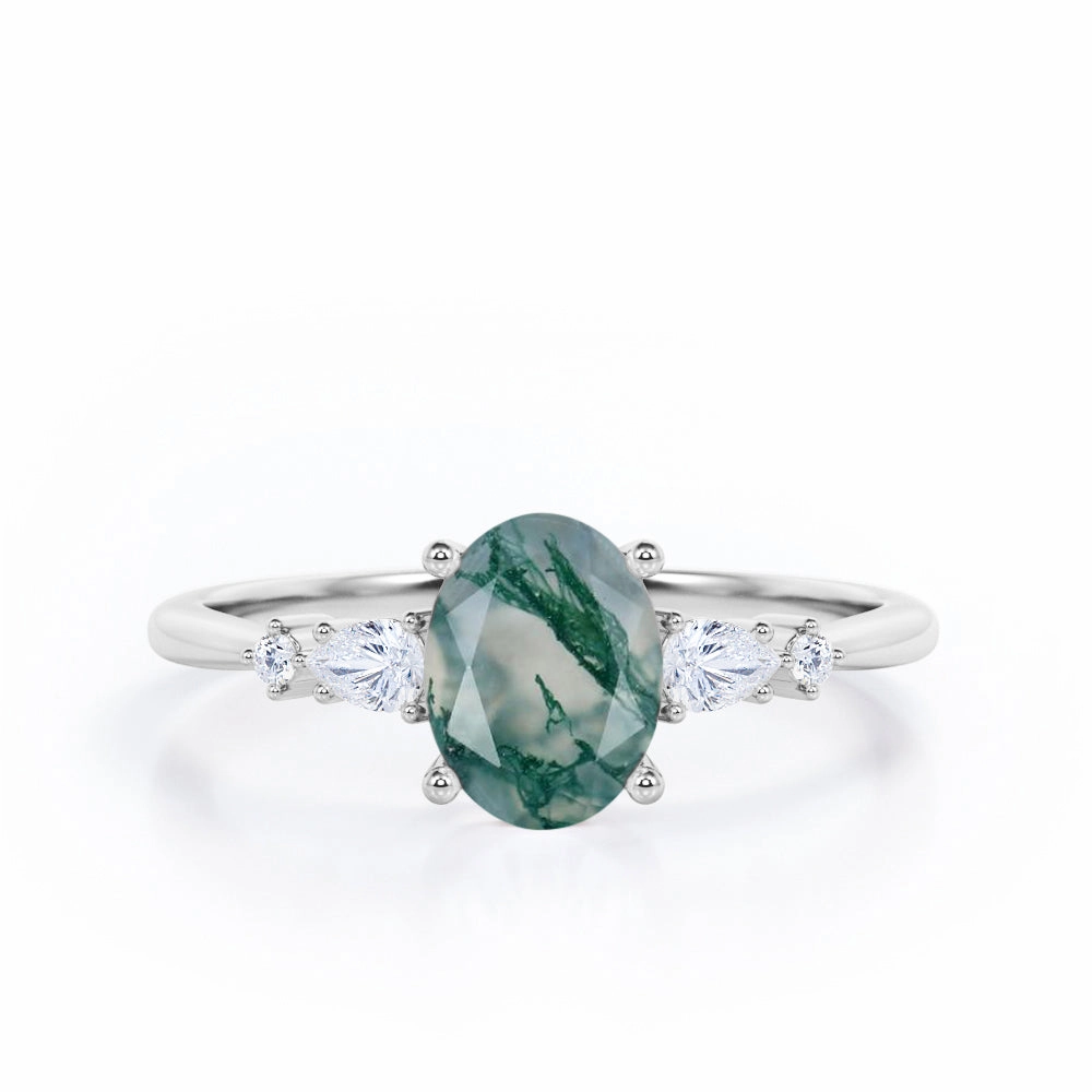 Five Stone 1.25 Carat Oval Moss Agate Engagement Ring Event Present Polished Style