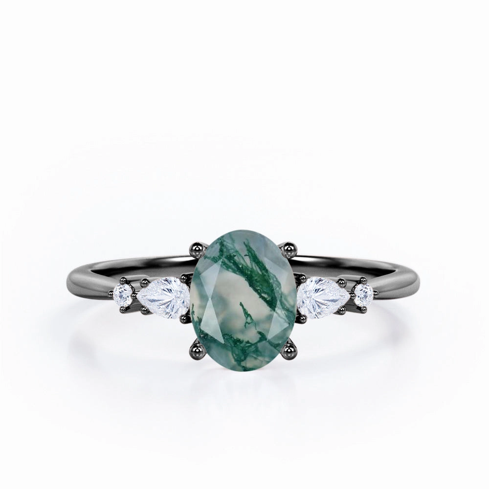 Modern Mark Five Stone 1.25 Carat Oval Moss Agate Engagement Ring
