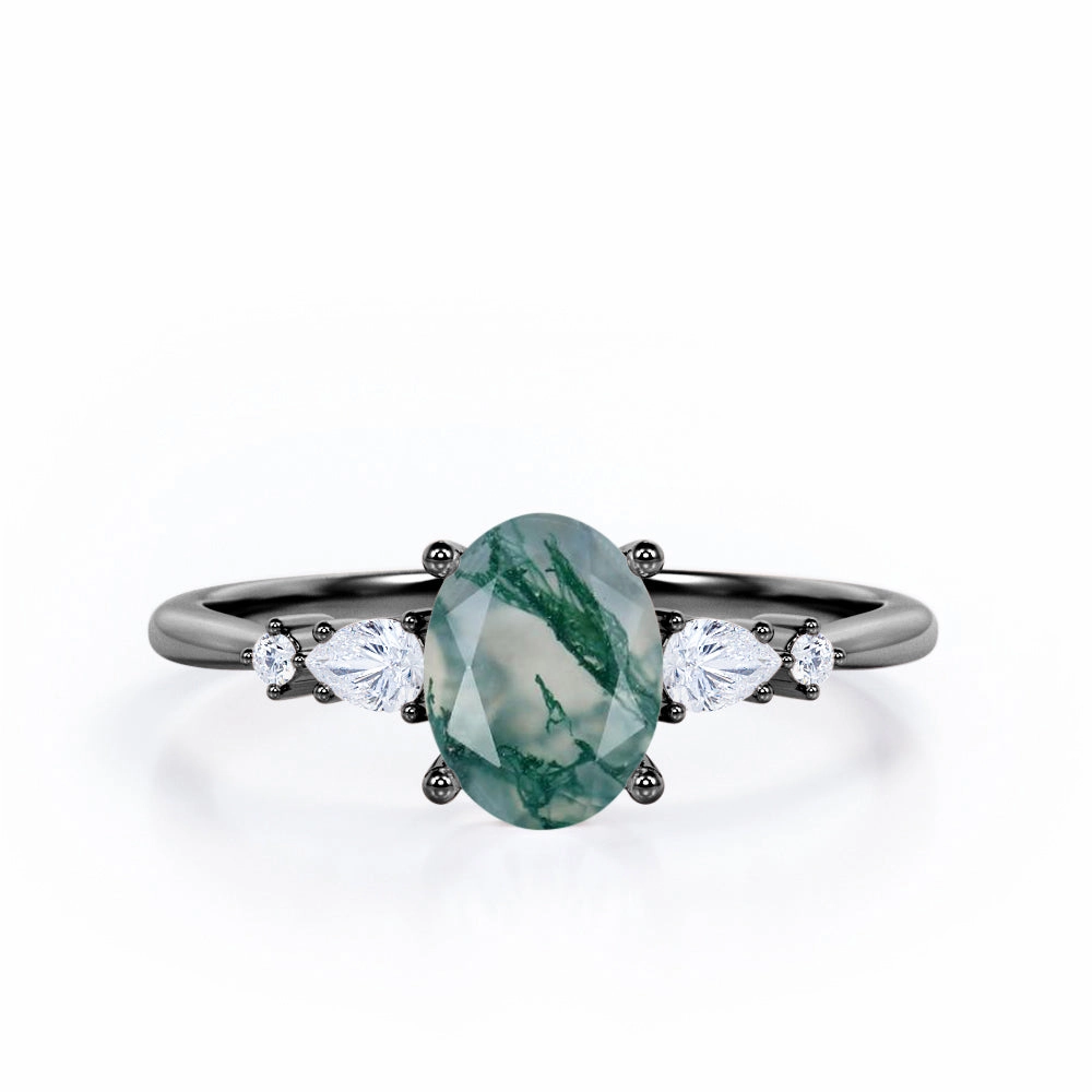 Five Stone 1.25 Carat Oval Moss Agate Engagement Ring Vintage Insignia