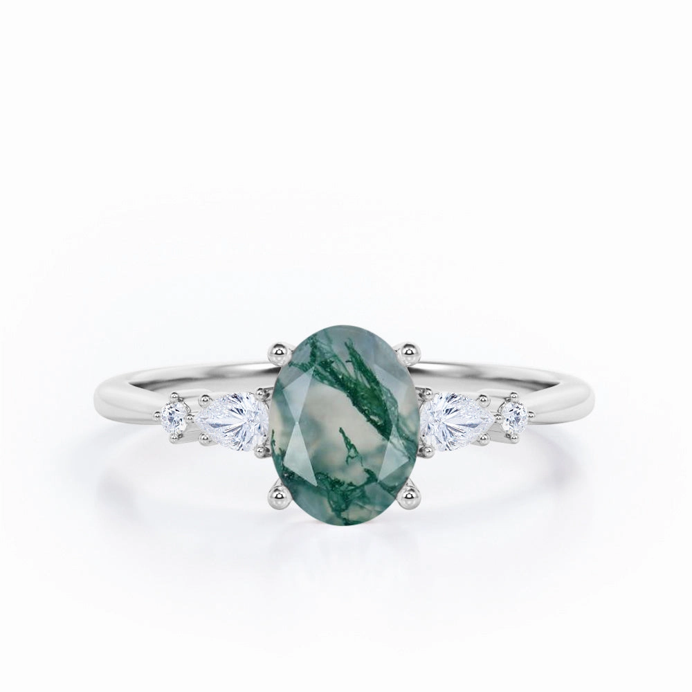 Evening Event Subtle Charm Five Stone 1.25 Carat Oval Moss Agate Engagement Ring