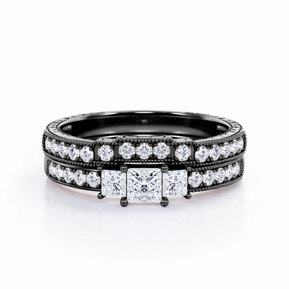 1 Ct Princess Cut Diamond Trilogy Bridal Set Simple Accent Monochrome Style