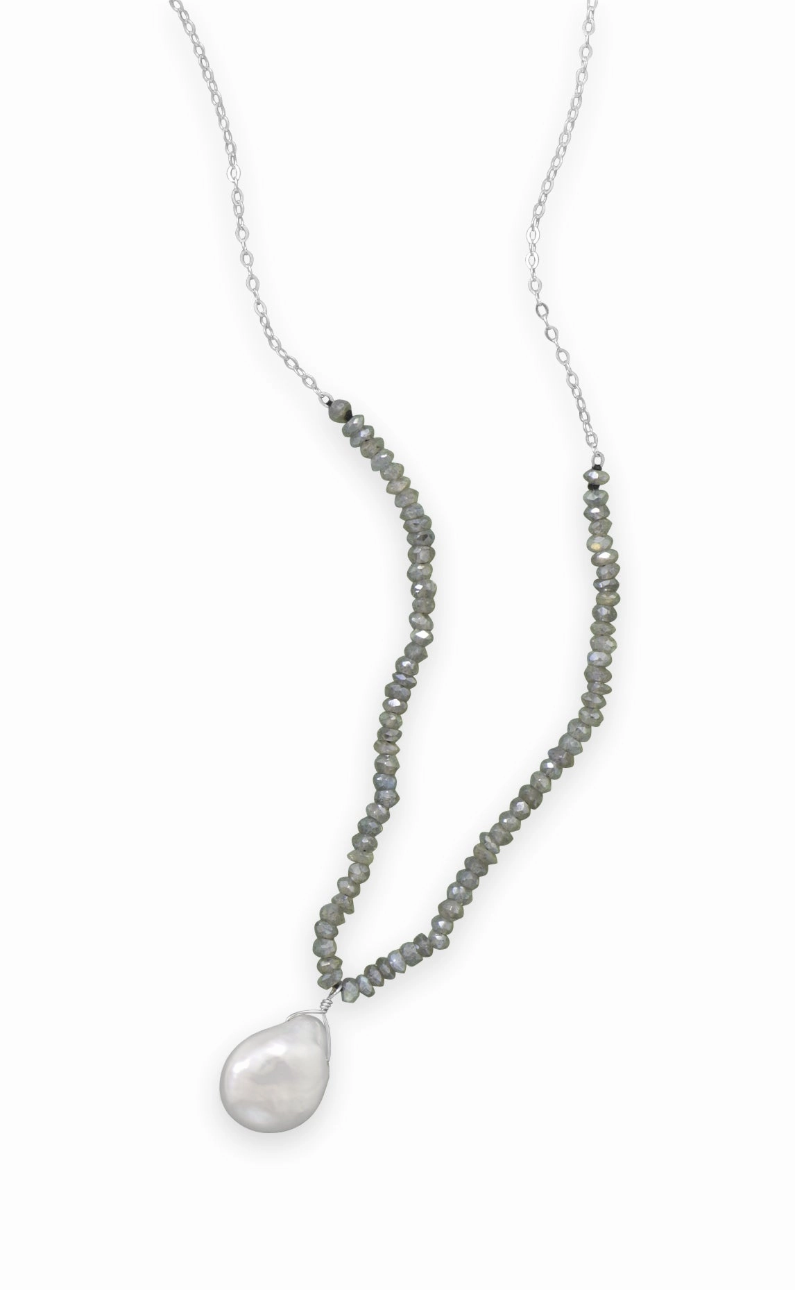 Labradorite and Baroque Cultured Freshwater Pearl Drop Necklace Sterling Silver Adjustable Length Superb Item