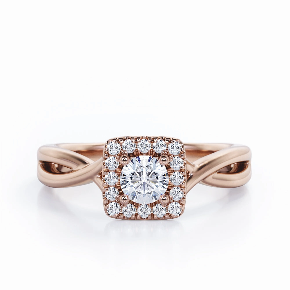 Minimalist Halo - 0.35 TCW Round Brilliant Cut Diamond - Infinity Twisted Shank Engagement Ring - 10K White Gold Bridal Accent Timeless Finish