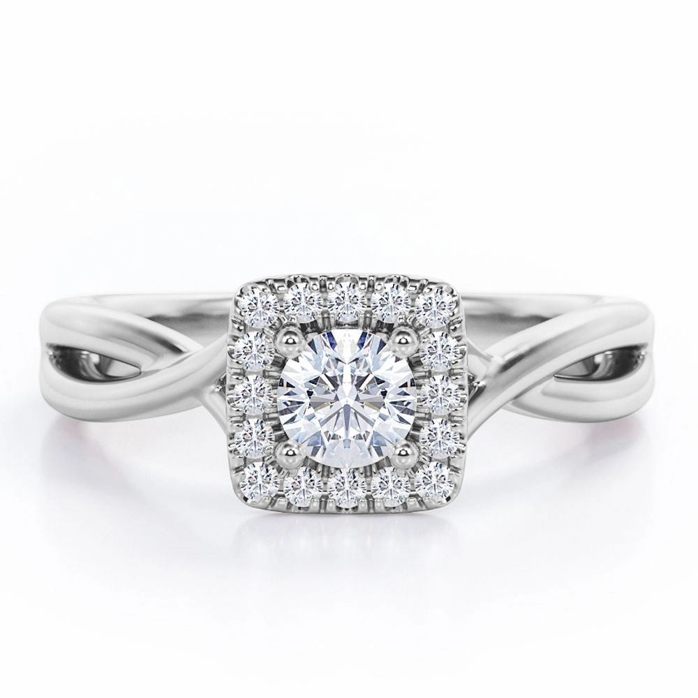 Minimalist Halo - 0.35 TCW Round Brilliant Cut Diamond - Infinity Twisted Shank Engagement Ring - 10K White Gold Personal Look Signature Accessory
