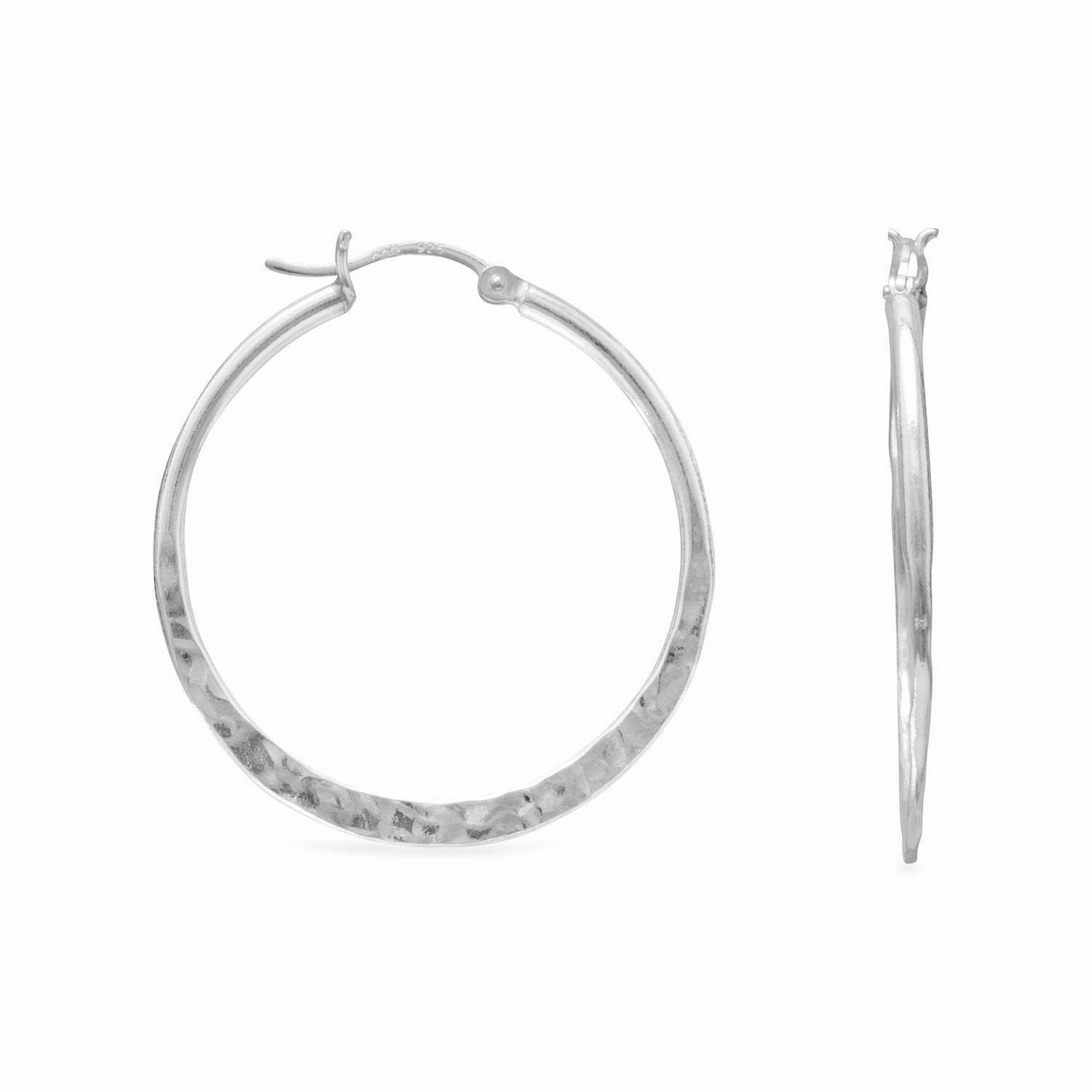 Hoop Earrings 34mm Hammered Sterling Silver Click Close Triangular Ornament Glittery Item