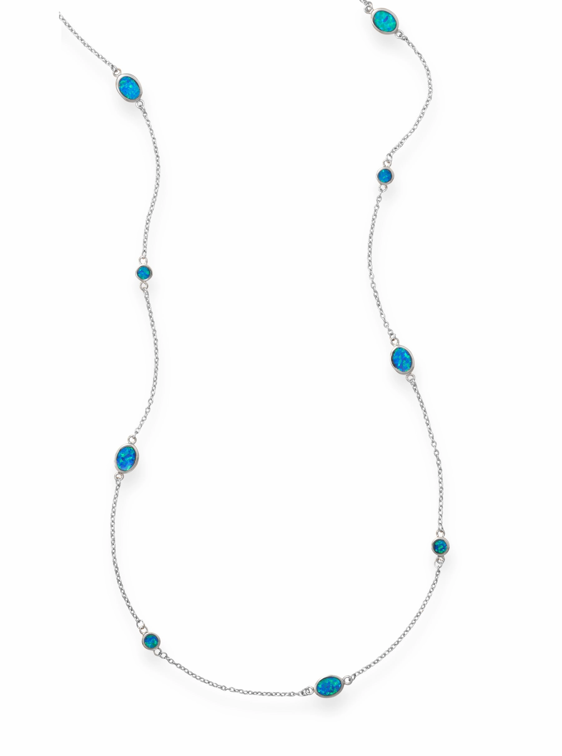 Blue Opal Station Style Chain Necklace 46 inches in Length Sterling Silver Chic Spirit Unique Ornament