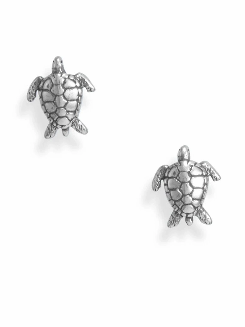 Sturdy Creation Sea Turtle Stud Earrings Sterling Silver Antiqued Finish