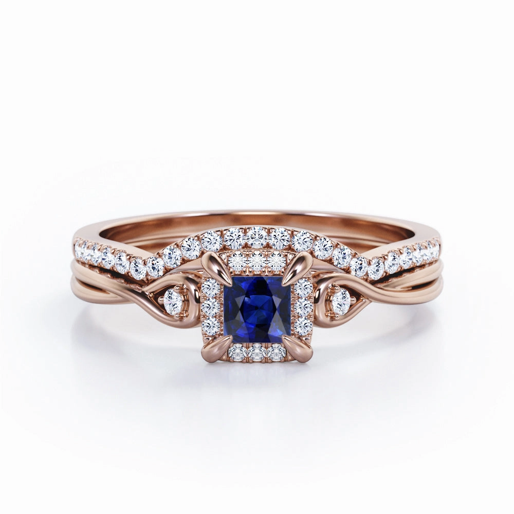 Halo 0.68 Ct Princess Cut Lab Sapphire Wedding Ring Set Real Item