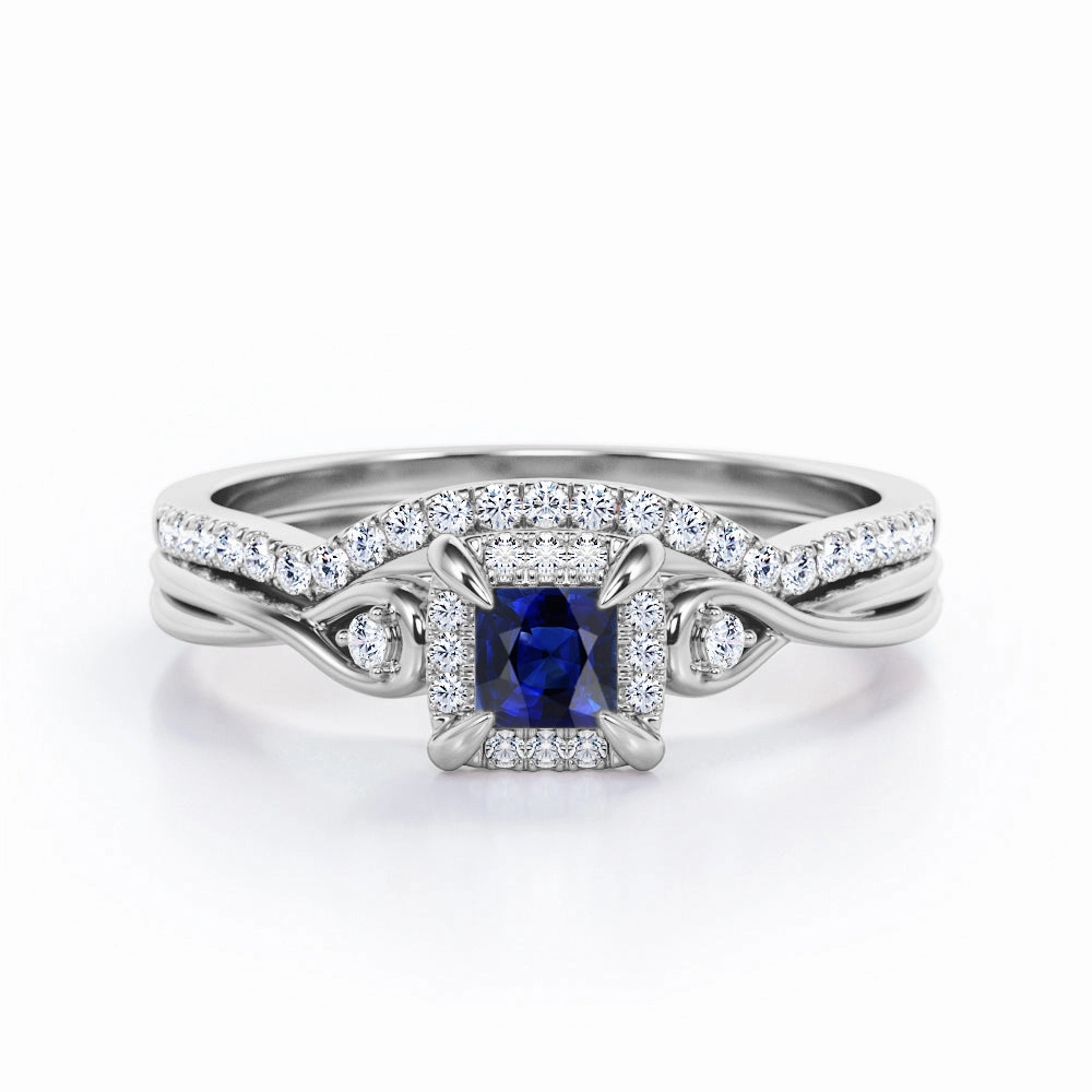 Halo 0.68 Ct Princess Cut Lab Sapphire Wedding Ring Set Beautiful Bauble Functional Style