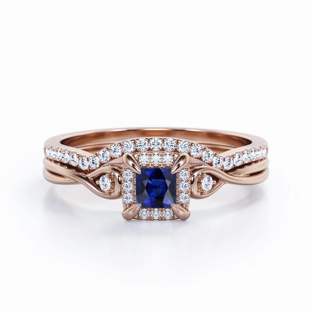 Halo 0.68 Ct Princess Cut Lab Sapphire Wedding Ring Set Bold piece