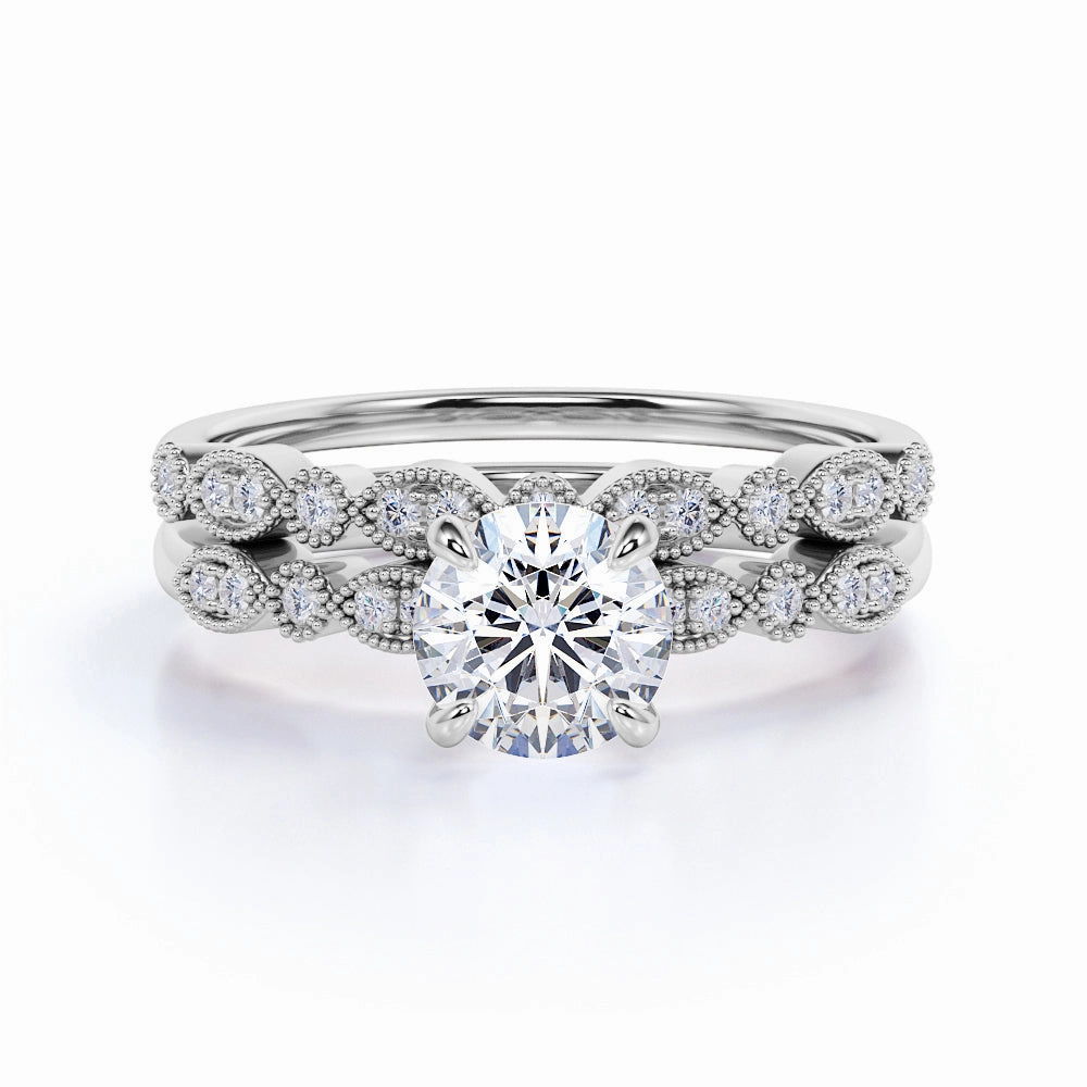 Art Deco 1 Ct Round Cut Diamond Bridal Set Glamorous look Coordinated Look
