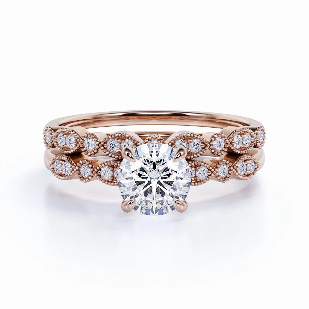 Classy Present Luxury Proportion Art Deco 1 Ct Round Cut Diamond Bridal Set