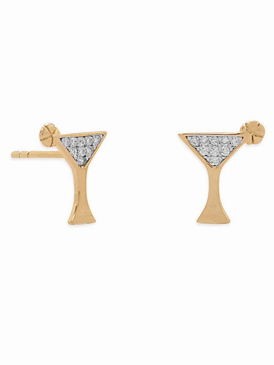 Industrial Ornament Chic Decoration Martini Glass Stud Earrings Cubic Zirconia CZ Post Gold-plated Sterling Silver