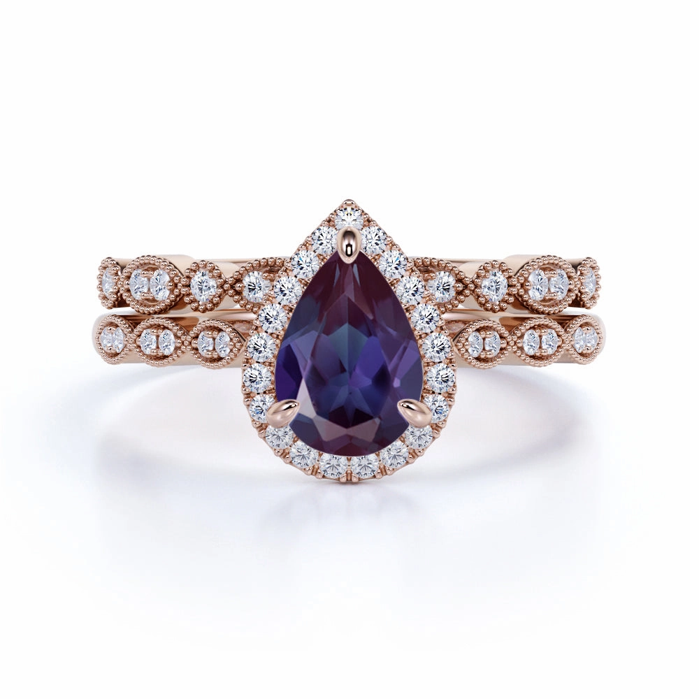 Daily Detail Lightweight Feel Art Deco 1.75 Ct Pear Lab Alexandrite Engagement Ring