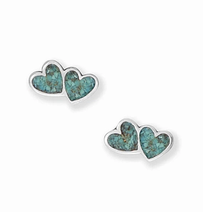 Sparkling Style Minimalist Embellishment Double Heart Stud Earrings Turquoise Chip Inlay Sterling Silver with Steel Posts