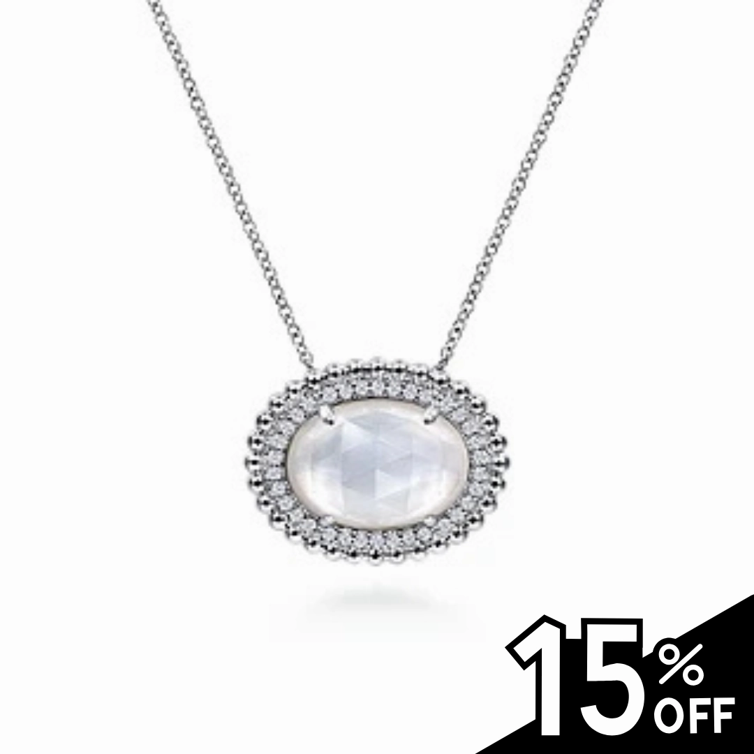 Classic Presence 925 Sterling Silver White Sapphire and Rock Crystal and MOP Pendant Necklace