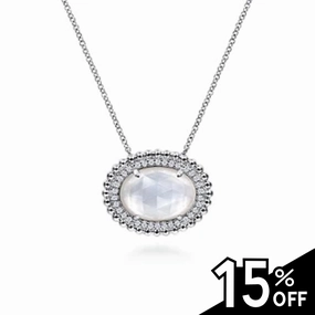 Classic Presence 925 Sterling Silver White Sapphire and Rock Crystal and MOP Pendant Necklace