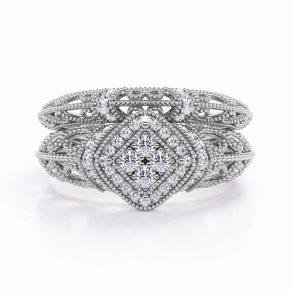 Quadruple-Stone Rhombus Square Halo 0.45 TCW Round-Shaped Diamond Victorian Milgrain Filigree Wedding Set in 10K White Gold Classy Jewelry Special Gift