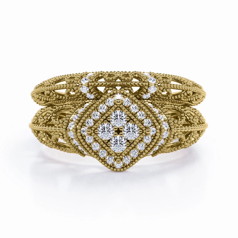 Sturdy Construction Vintage Bauble Quadruple-Stone Rhombus Square Halo 0.45 TCW Round-Shaped Diamond Victorian Milgrain Filigree Wedding Set in 10K White Gold