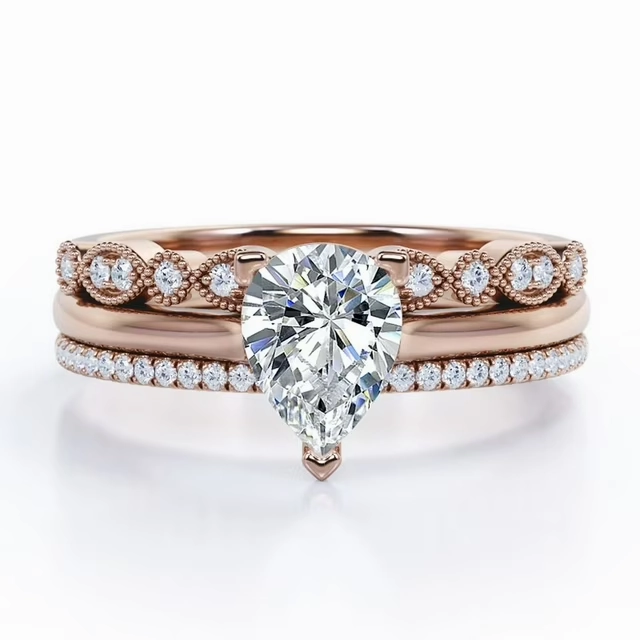 Rainbow Hue Art Deco 2 Carat Pear Cut Moissanite Pave Trio Set