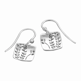 Fern Vine Design Sterling Silver Small Square Tag Dangle Earrings Bohemian Jewelry Delicate Embellishment