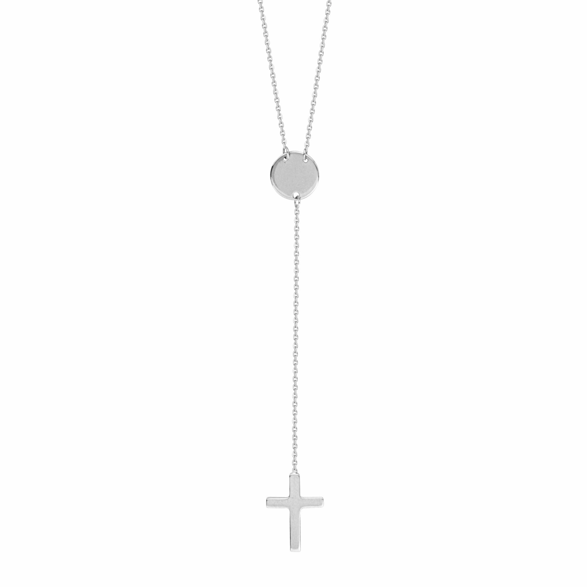 Formal Accent Disk and Cross Drop Necklace Lariat Style 14k White Gold Adjustable Length