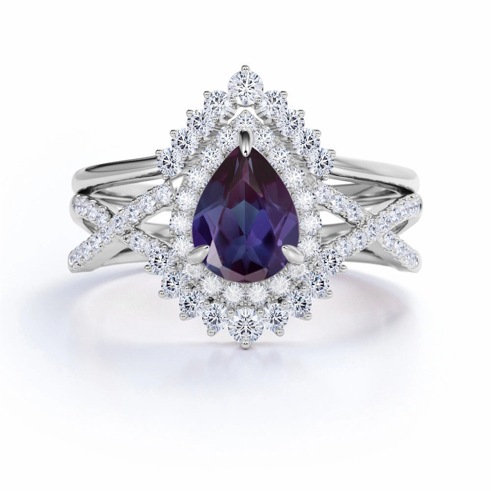 Modern Mood Infinity 2 Ct Pear Lab Alexandrite Pave Bridal Set