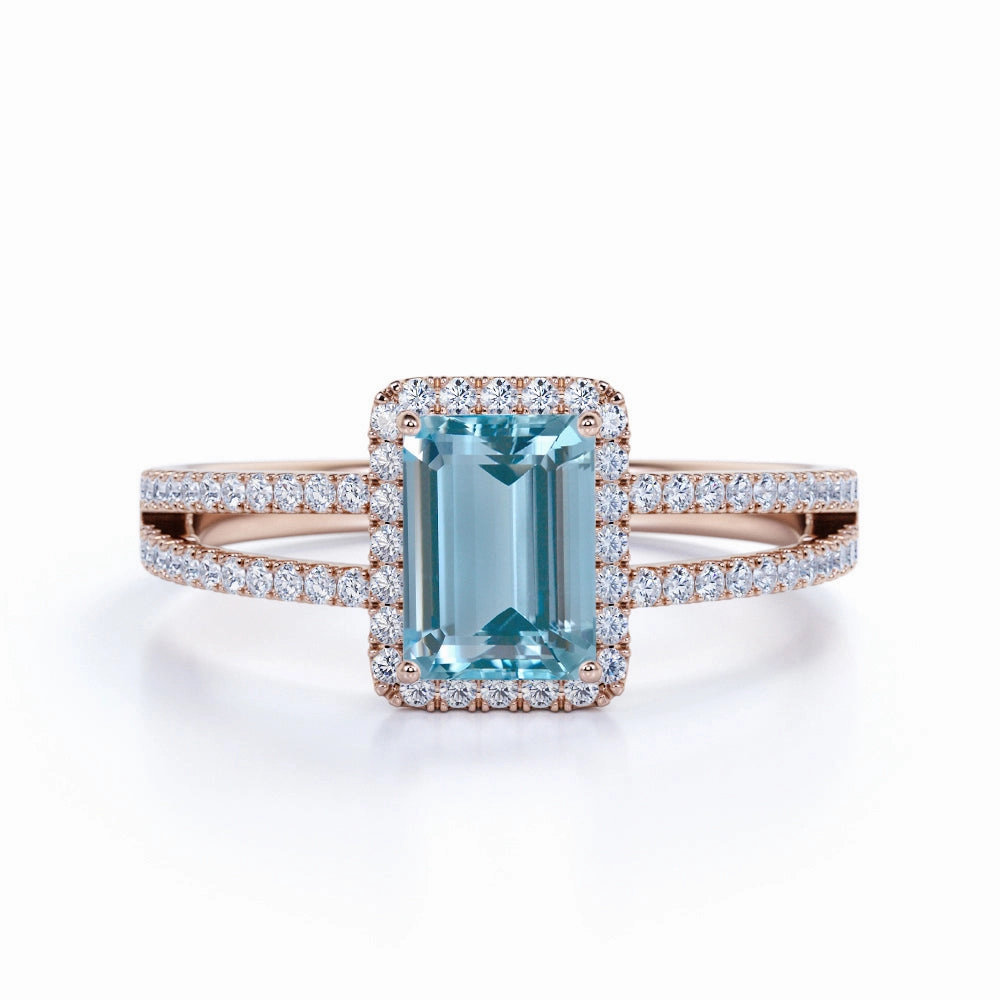 Chic Style 1.75 ct Emerald Aquamarine Halo Split Shank Engagement Ring