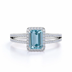 Artisan Adornment Branded Decoration 1.75 ct Emerald Aquamarine Halo Split Shank Engagement Ring