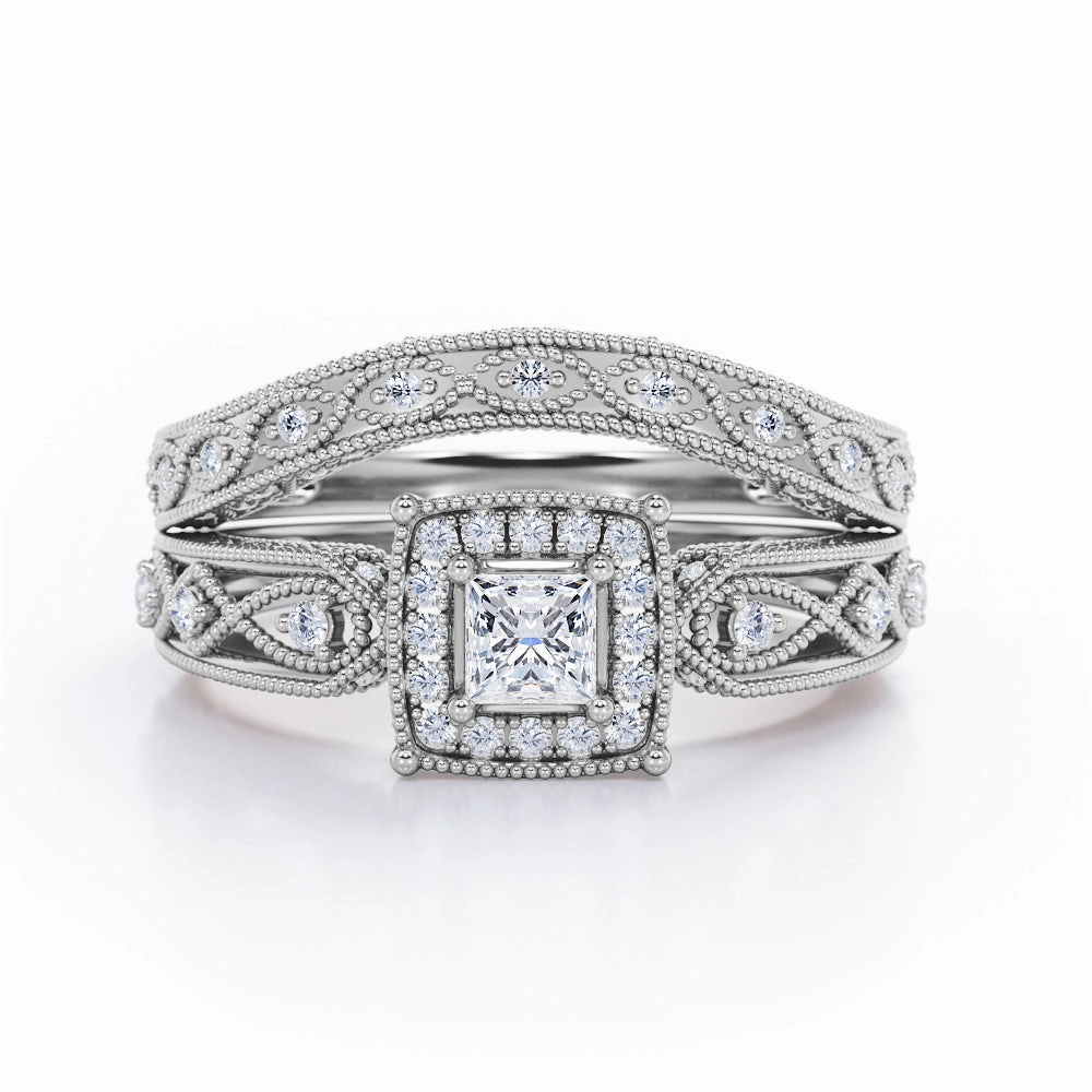 Minimalist Insignia Sparkling Accent Rope Milgrain Decorated 0.65 TCW Princess Cut Diamond Halo-Channel Bridal Ring Set in 10K White Gold