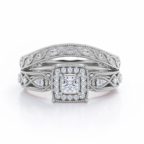 Minimalist Insignia Sparkling Accent Rope Milgrain Decorated 0.65 TCW Princess Cut Diamond Halo-Channel Bridal Ring Set in 10K White Gold