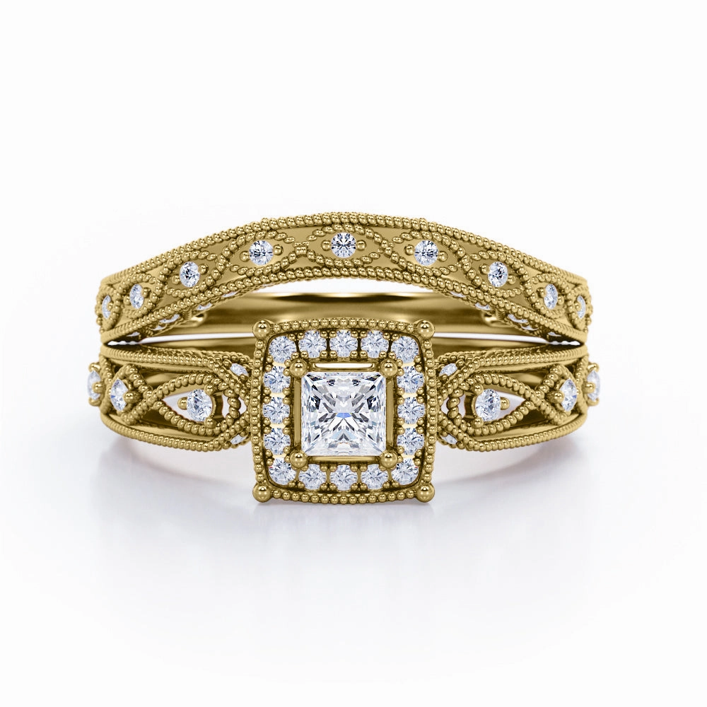 Stylish Addition Rope Milgrain Decorated 0.65 TCW Princess Cut Diamond Halo-Channel Bridal Ring Set in 10K White Gold