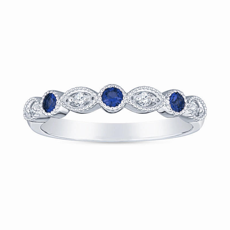 Timeless Sparkle Inspired Touch Vintage Style Faux Marquis Milgrain Stackable Sapphire and Diamond Band