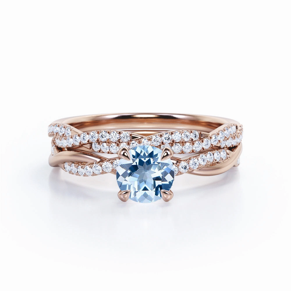 Secure Design Minimal Harmony 1.40 ct Round Aquamarine Twisted Wedding Ring Set