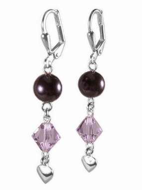 Modern Decoration Purple Drop Earrings Made with Swarovski(R) Crystals and Pearls Heart Charm Drop