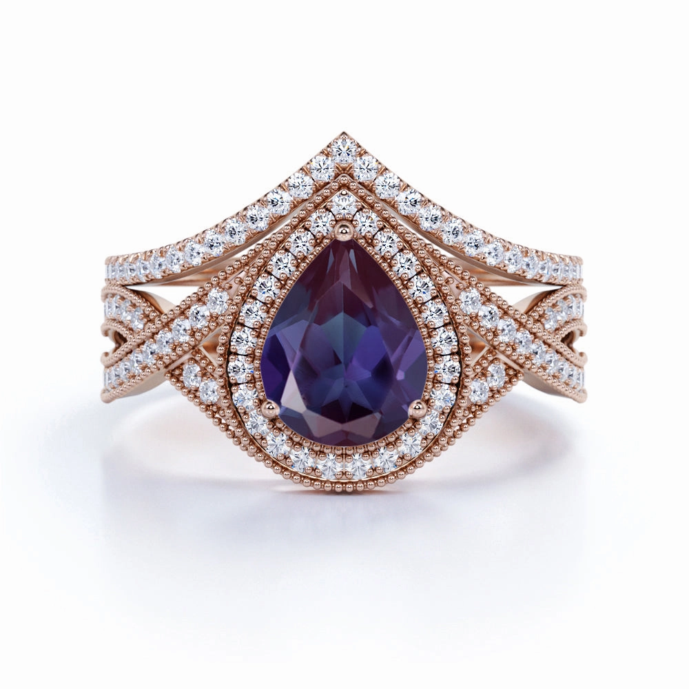 Vintage 1.75 Ct Pear Cut Lab Alexandrite Bridal Set Vintage Decoration Fashion Present