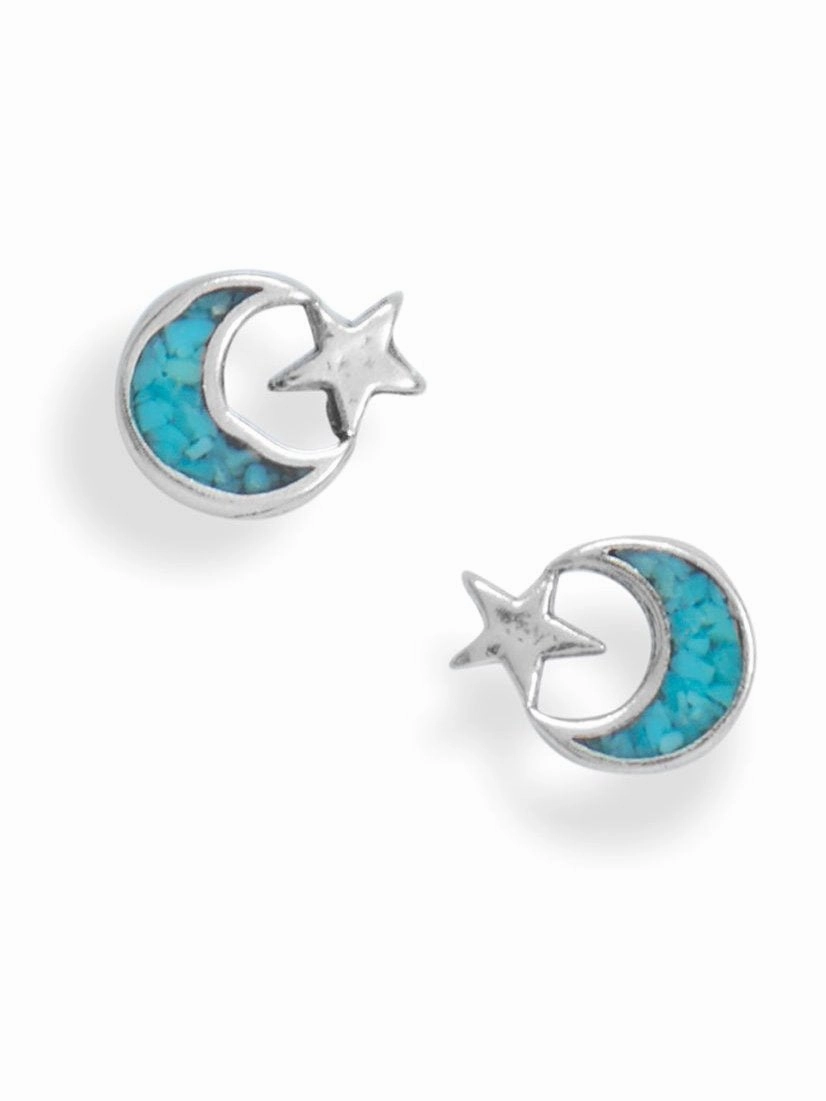 Opulent Ornament Star-Shaped Accent Moon and Star Stud Earrings with Turquoise Chips Sterling Silver