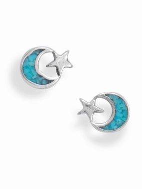 Opulent Ornament Star-Shaped Accent Moon and Star Stud Earrings with Turquoise Chips Sterling Silver