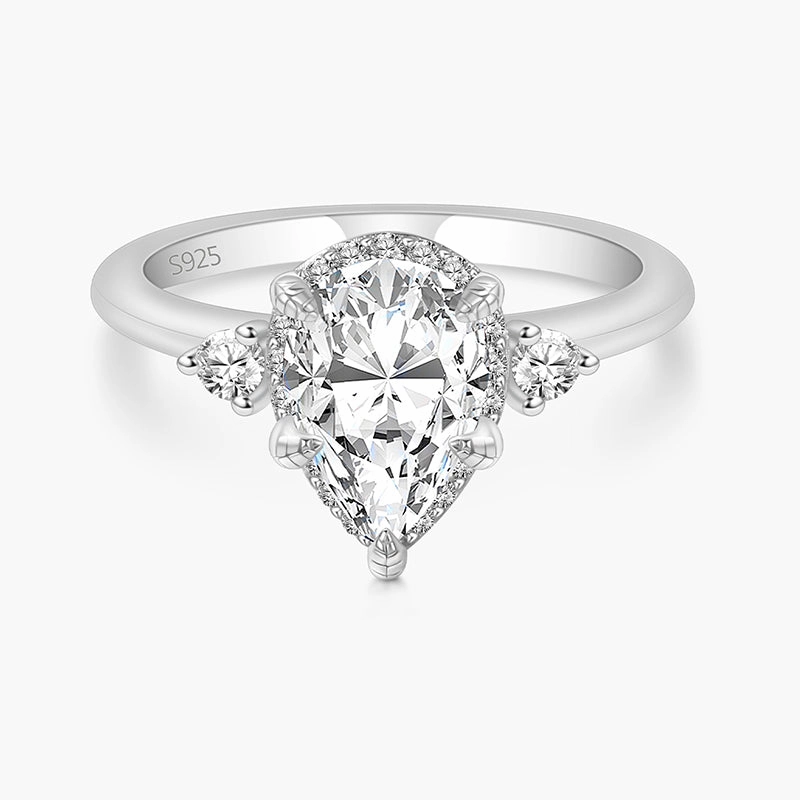 925 Sterling Silver Pear Shaped 5 Prong Gemstone Ring Contemporary Ornament