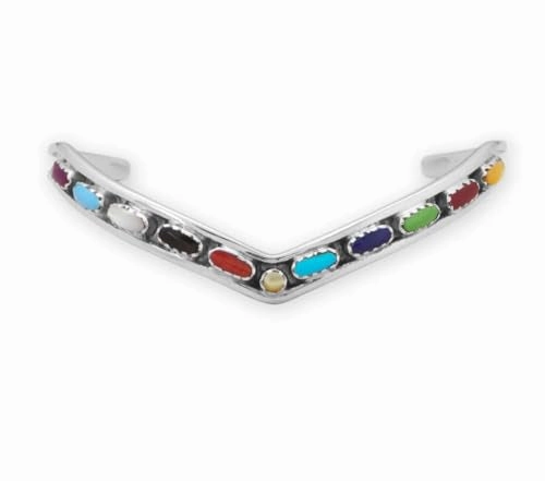 Always In Style Multicolor Stone Sterling Silver Cuff Bracelet V Shape - Handmade in the USA