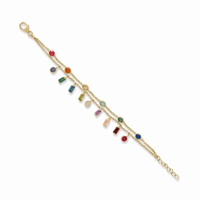 Multistone Multicolor Double Strand Charm Bracelet Gold-plated Silver Adjustable Length Comprehensive Combinations