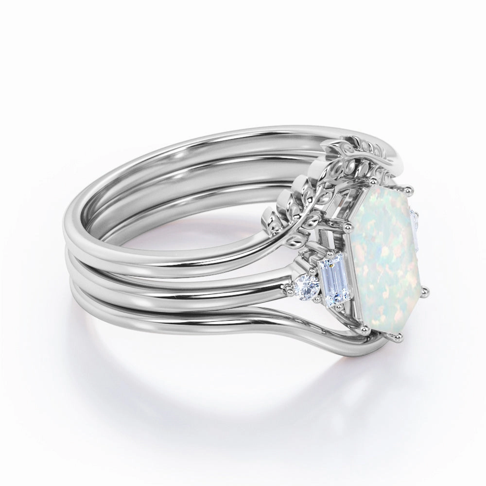 Nature 1.15 Ct Hexagon Cut Lab Created Opal Wedding Ring Set Day Style