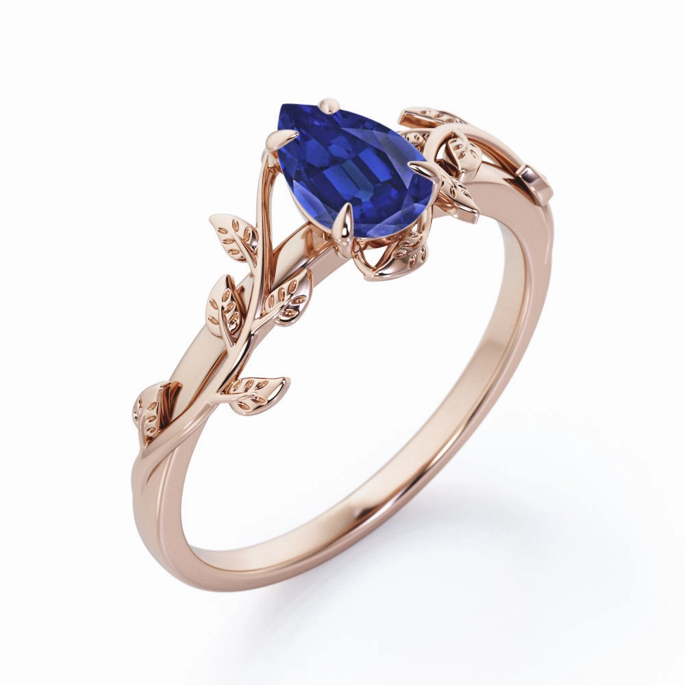 Minimalist Design Designer Craft Nature Inspired1 Ct Pear  Lab Sapphire Engagement Ring