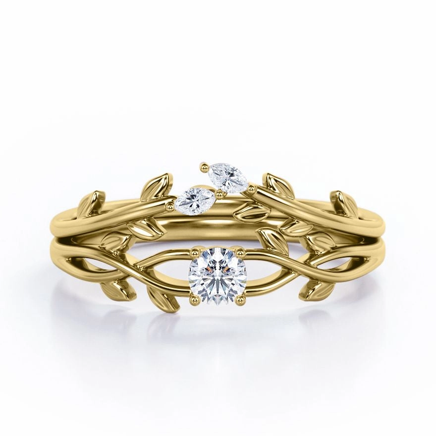 Nature-Inspired 0.35 TCW Round Brilliant Cut Diamond Branch Leaves Bridal Ring Set in White Gold Investment Jewelry