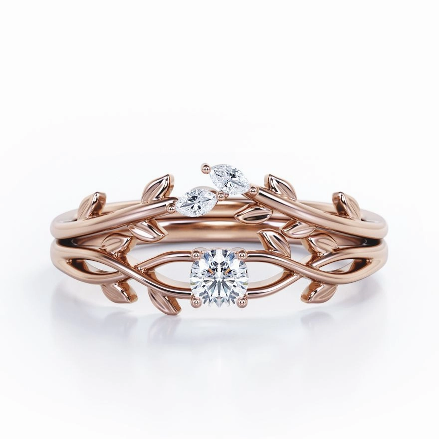 Economical Adornment Ornate Product Nature-Inspired 0.35 TCW Round Brilliant Cut Diamond Branch Leaves Bridal Ring Set in White Gold