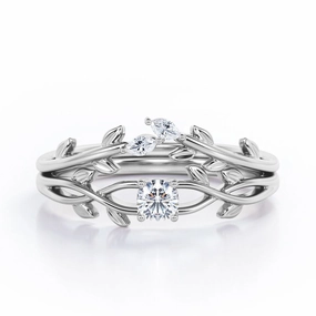 Nature-Inspired 0.35 TCW Round Brilliant Cut Diamond Branch Leaves Bridal Ring Set in White Gold Fun Detail