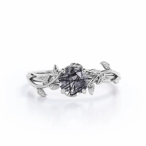 Nature-Inspired 0.50 Carat Round Shaped Natural Black Rutilated Quartz Solitaire Engagement Ring in 18K White Gold Plating over Silver Effortless Look