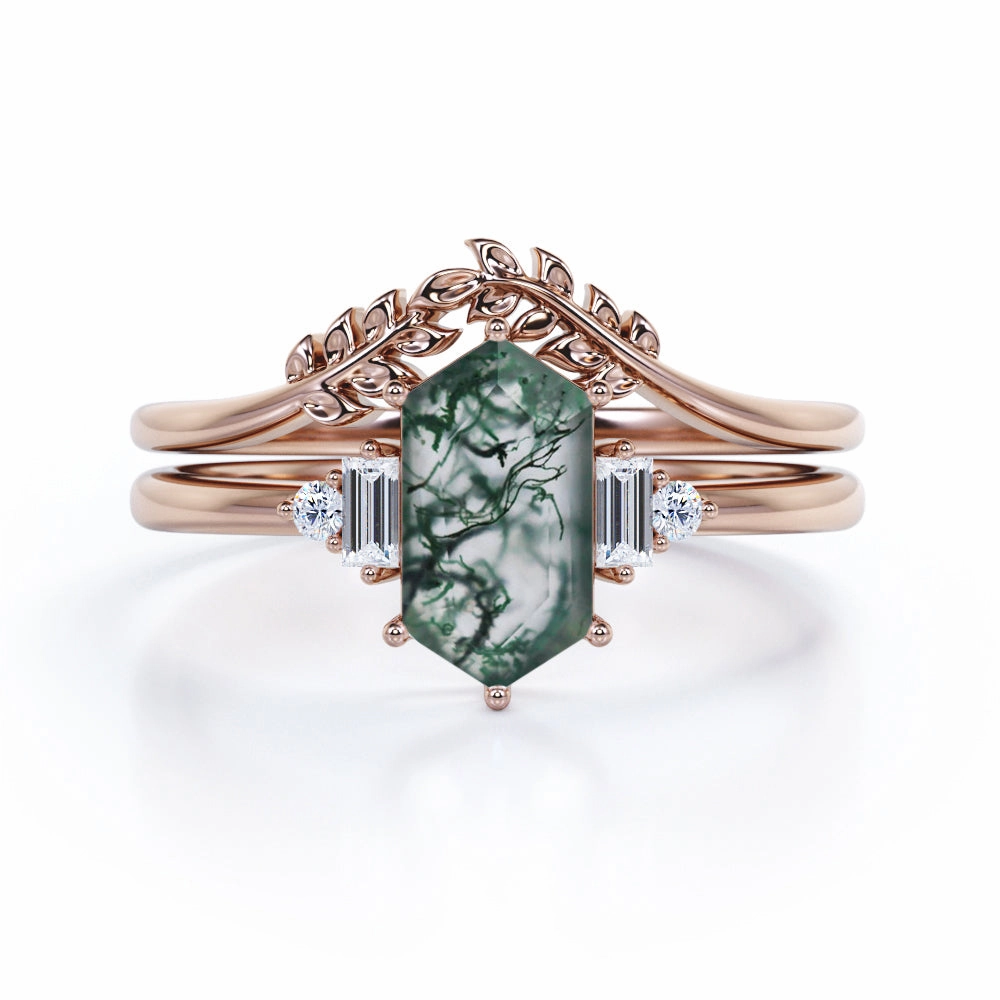 Bold Bauble Value Symbol Nature Inspired 0.8 Carat Hexagon Moss Agate Bridal Ring Set