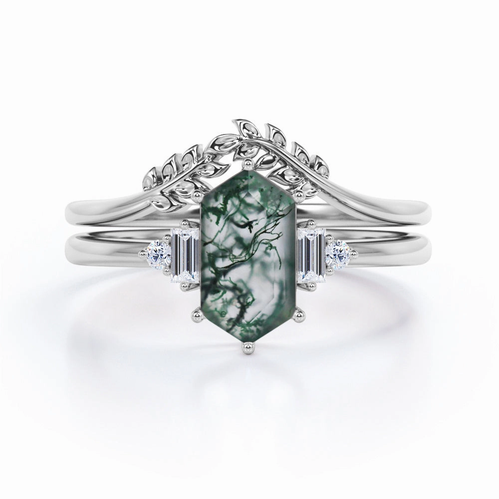 Low Profile Look Ornate Trinket Nature Inspired 0.8 Carat Hexagon Moss Agate Bridal Ring Set