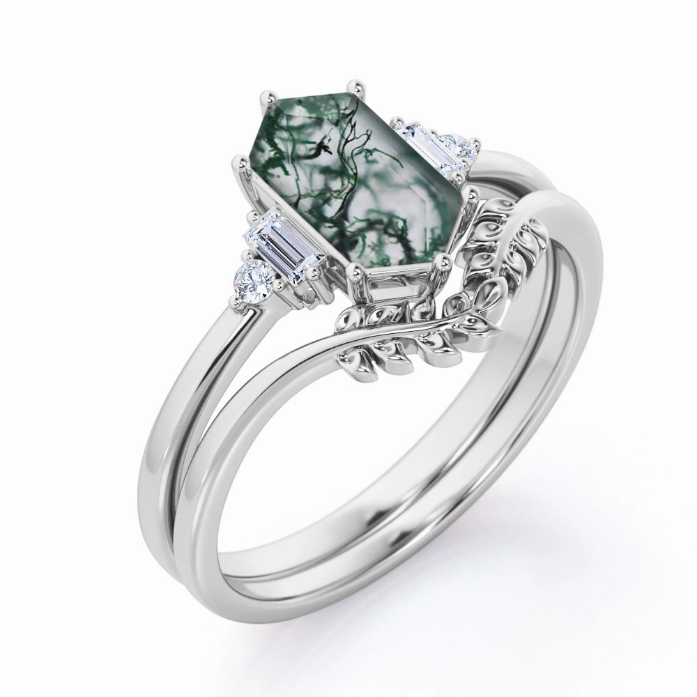 Nature Inspired 0.8 Carat Hexagon Moss Agate Bridal Ring Set everyday elegance